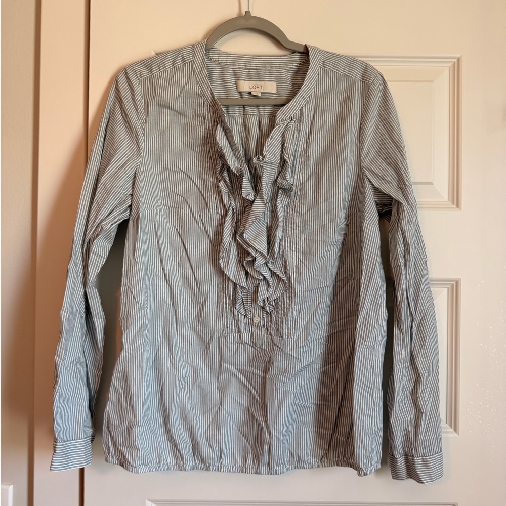 LOFT Blue and white stripe ruffle top, medium